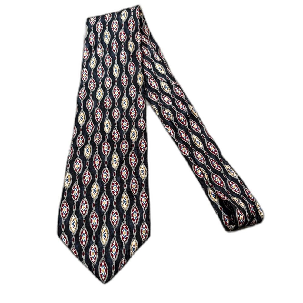 Gino Pompeii 100% Silk Necktie Geometric‎ Diamond Pattern Black Red Gold 90s Tie